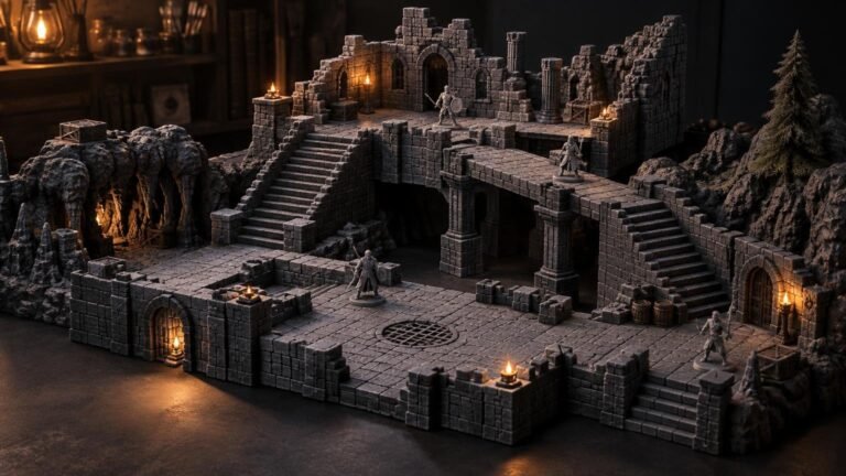 Warmly lit tabletop scene of a modular multi-level stone dungeon with broad stairs, raised platforms, ruined walls, arched doors, a bridge-like upper walkway, cave rocks, and several small fantasy adventurer miniatures.