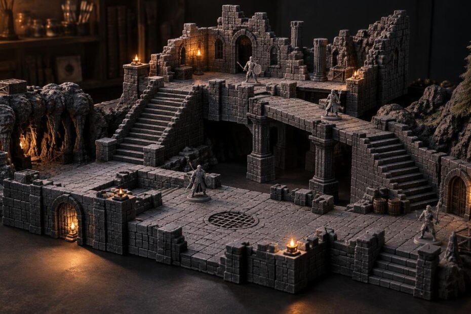 Warmly lit tabletop scene of a modular multi-level stone dungeon with broad stairs, raised platforms, ruined walls, arched doors, a bridge-like upper walkway, cave rocks, and several small fantasy adventurer miniatures.