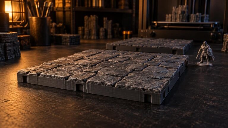 Warmly lit workshop tabletop with several dark gray FDM-printed modular stone floor tiles in the foreground, a small armored fantasy miniature at right, and a blurred 3D printer and tools behind.