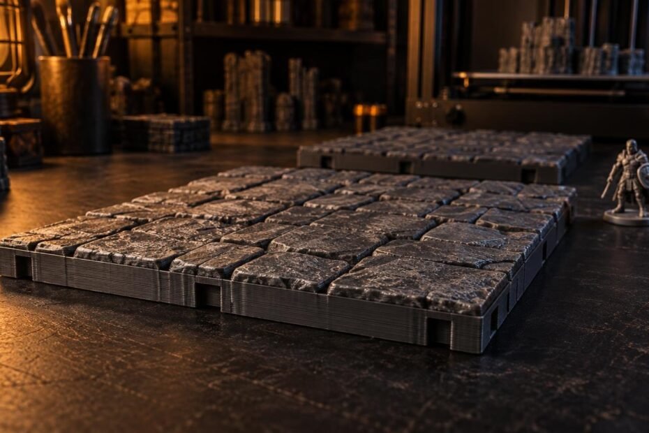 Warmly lit workshop tabletop with several dark gray FDM-printed modular stone floor tiles in the foreground, a small armored fantasy miniature at right, and a blurred 3D printer and tools behind.