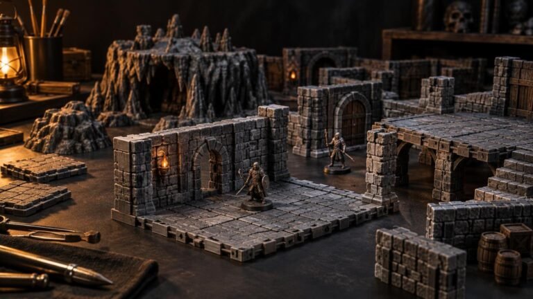 Warmly lit tabletop workshop scene with modular gray stone dungeon floor tiles, walls, arches, bridges, cave risers, and small fantasy adventurer miniatures.