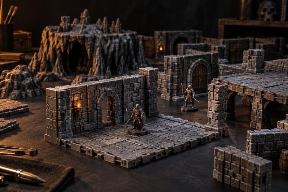 Warmly lit tabletop workshop scene with modular gray stone dungeon floor tiles, walls, arches, bridges, cave risers, and small fantasy adventurer miniatures.