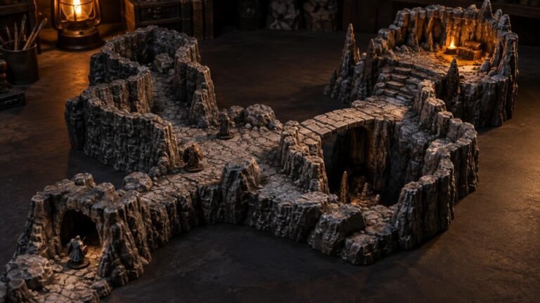Warmly lit tabletop cave terrain layout with rocky modular walls, winding stone paths, a raised torch-lit platform, a small bridge, and several fantasy-scale miniatures on a dark workshop table.