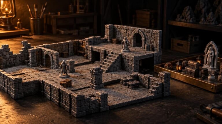 Warmly lit modular stone dungeon terrain with tiled floors, walls, stairs, archways, and small fantasy miniatures on a dark workshop table.