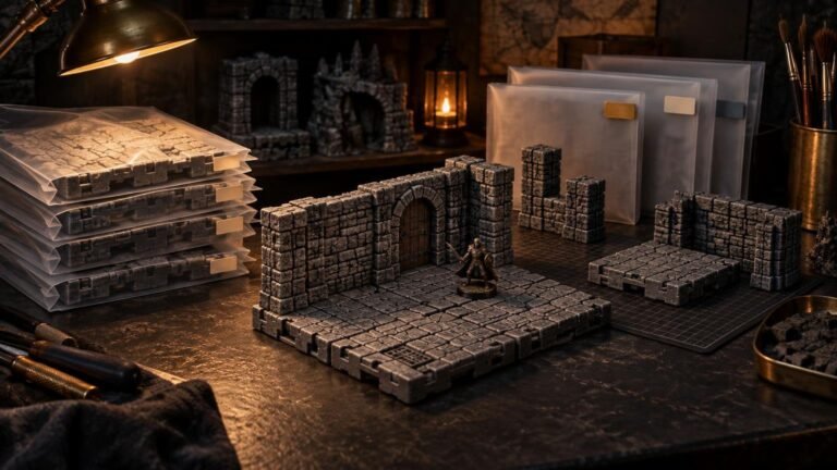 Warmly lit dark workshop table with modular stone dungeon terrain, a small fantasy miniature, stacked translucent storage sleeves with blank tabs, and additional terrain pieces arranged on a gridded cutting mat.