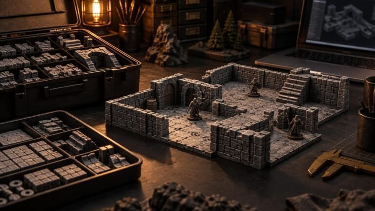 Warmly lit workshop table with modular gray 3D-printed dungeon walls, floor tiles, miniature figures, organized parts trays, calipers, and a laptop.