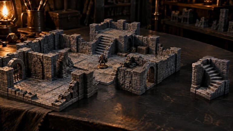 Warmly lit tabletop scene of modular stone dungeon terrain arranged across a dark workshop table, with connected rooms, walls, arches, stairs, a small fantasy miniature, and a separate stair module on the right.