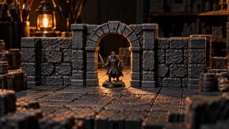 Warmly lit tabletop dungeon scene with a dark stone archway, textured modular floor tiles, barrels and crates, and an armored fantasy miniature standing in the doorway.